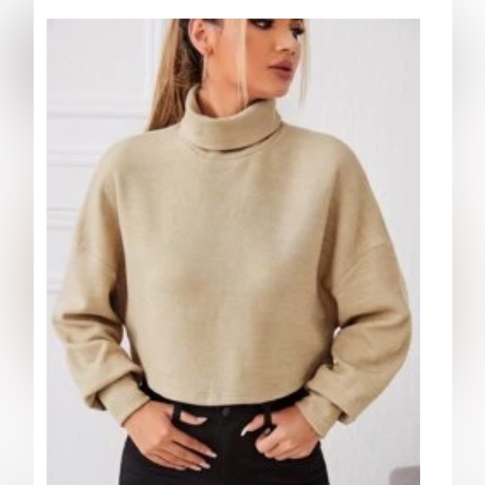 Cream Knit Sweater Ribbed Turtleneck Drop Shoulder Top Cropped